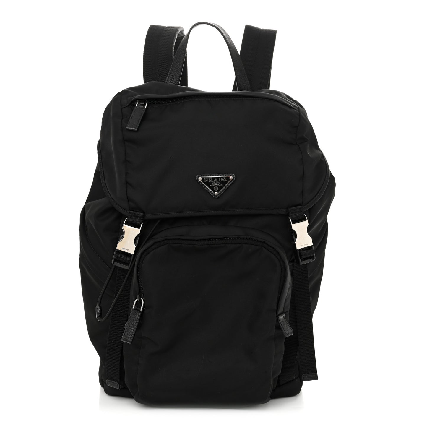 Re-Nylon Saffiano Logo Double Buckle Backpack Black