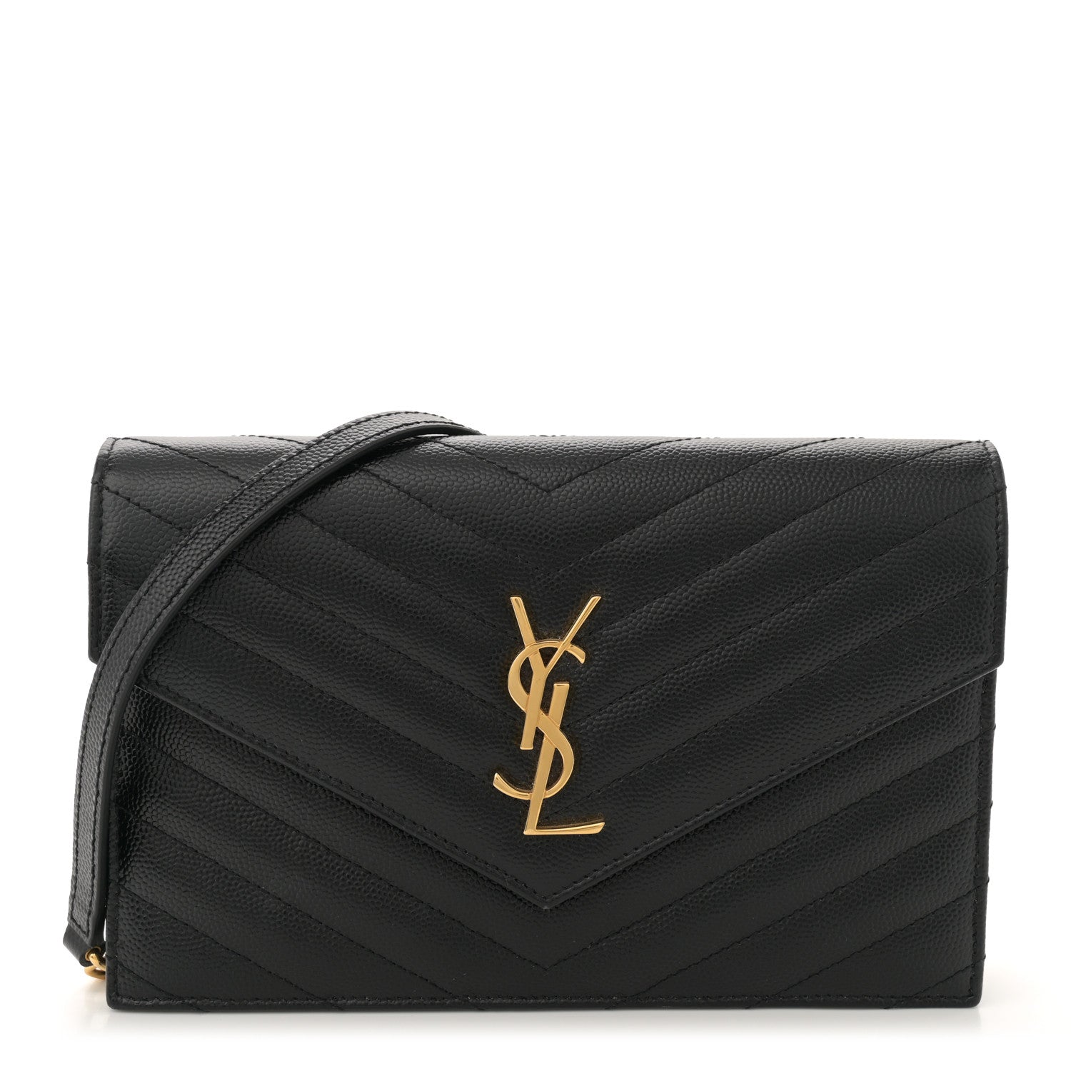 Saint Laurent Grain De Poudre Matelasse Chevron Monogram Envelope Chain Wallet Black 1 of 11