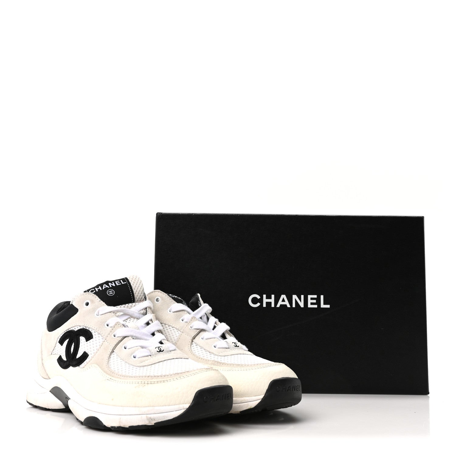 Chanel Mesh Suede Grained Calfskin Womens CC Sneakers 39 White Black 10 of 10