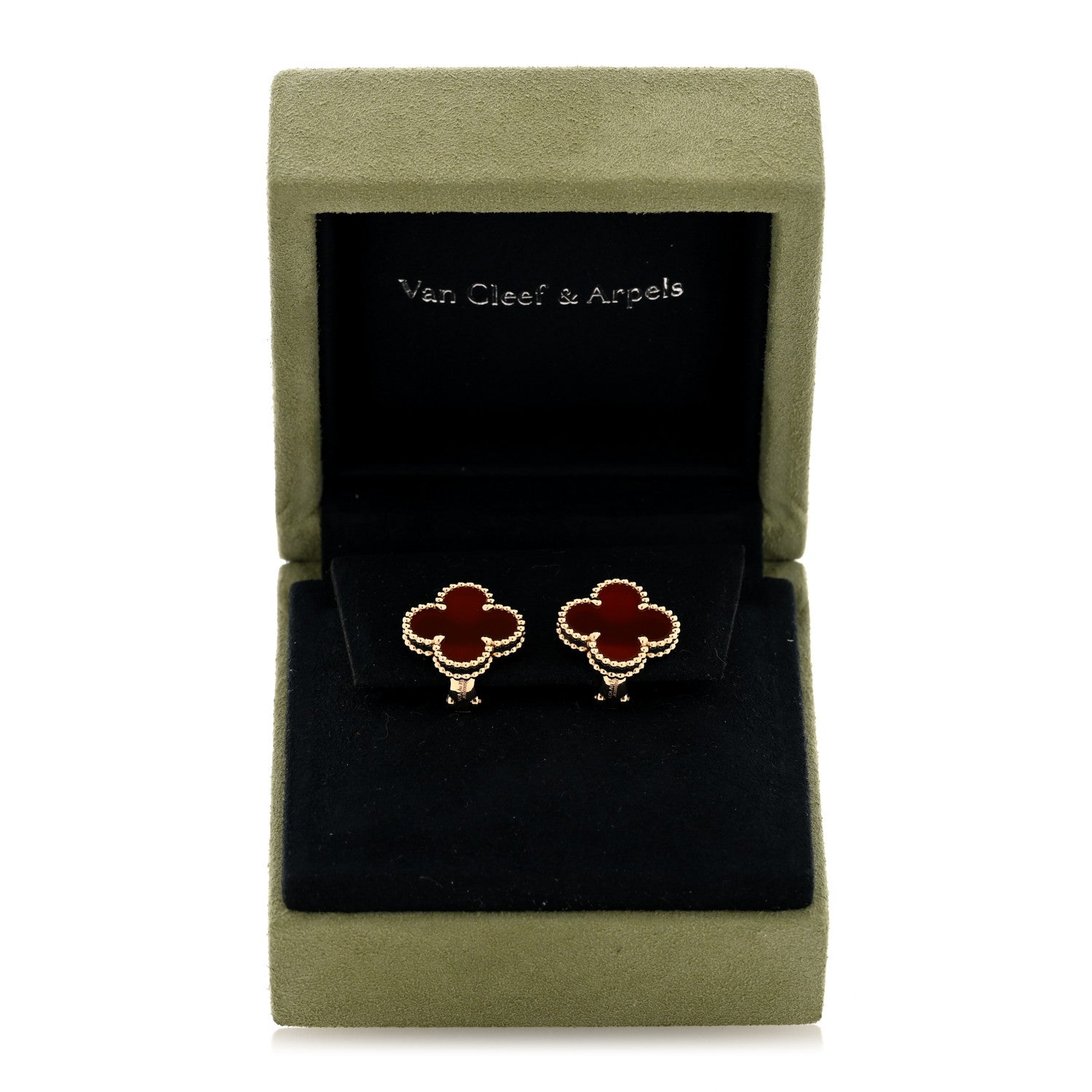 Van Cleef & Arpels 18K Yellow Gold Carnelian Vintage Alhambra Earrings 5 of 5