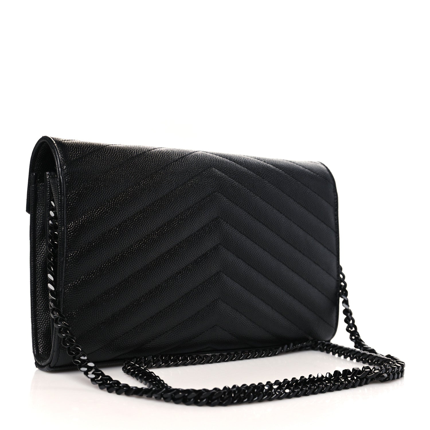 Saint Laurent Grain De Poudre Matelasse Chevron Monogram Monochrome Chain Wallet Black 2 of 10