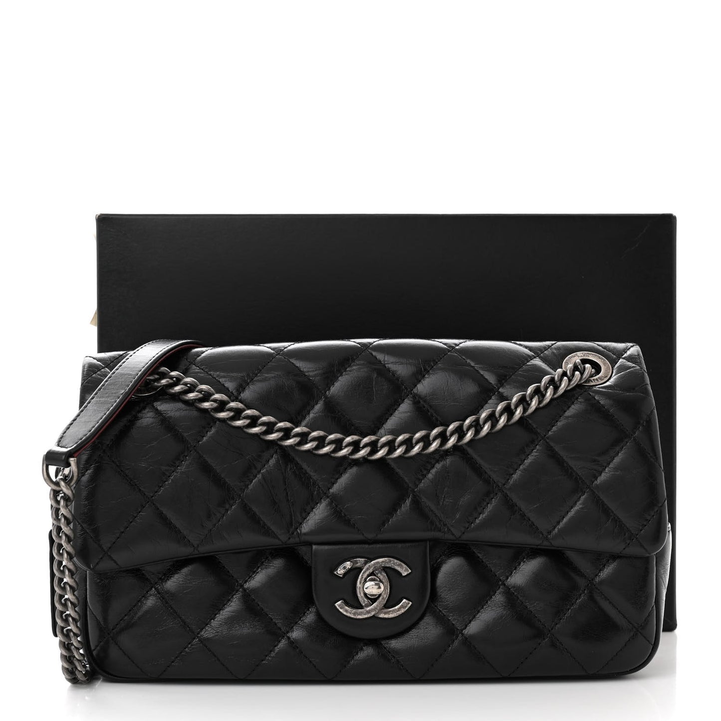 Glazed Calfskin Quilted Medium Duo Color Flap Black
