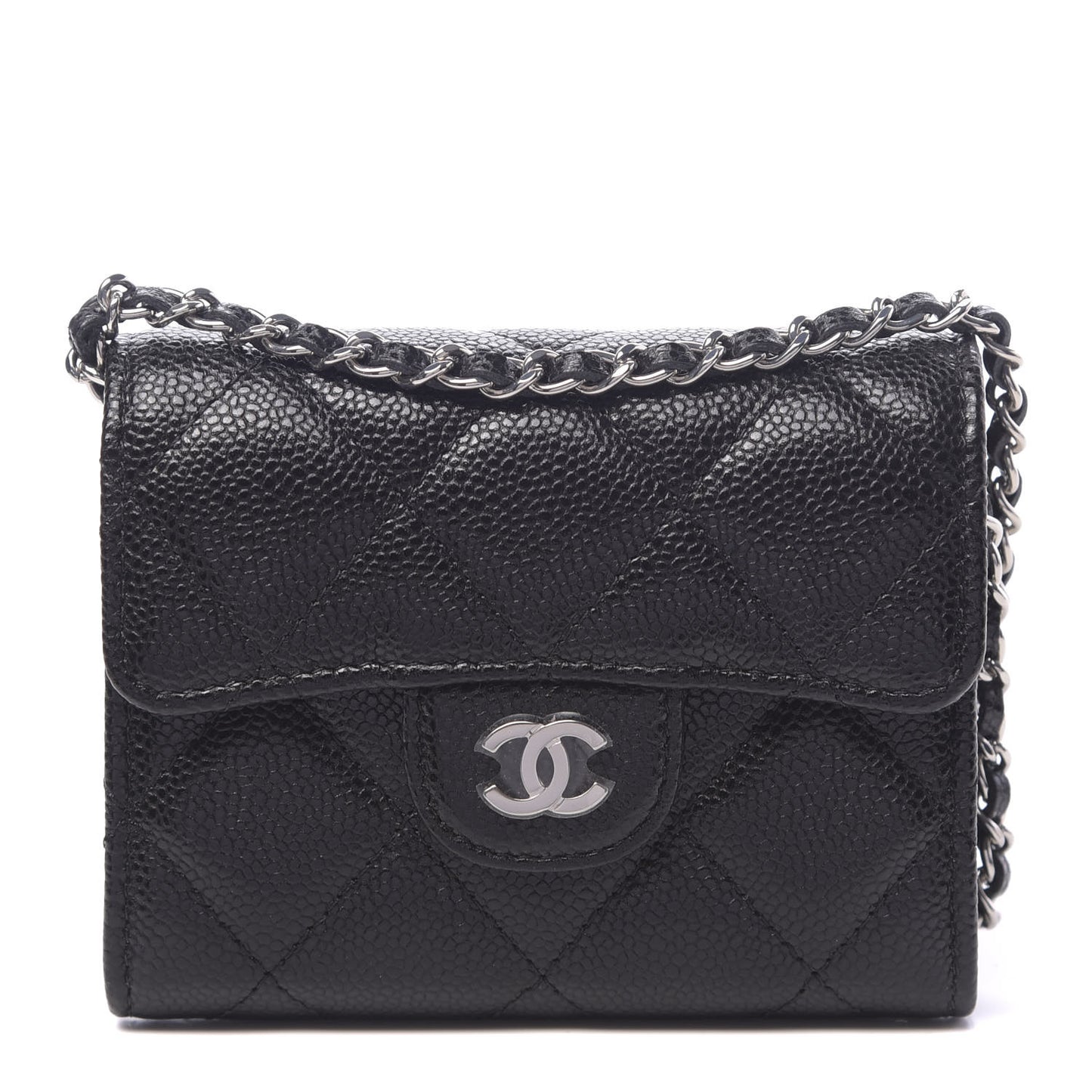 Caviar Quilted Flap Card Holder On Chain Black
