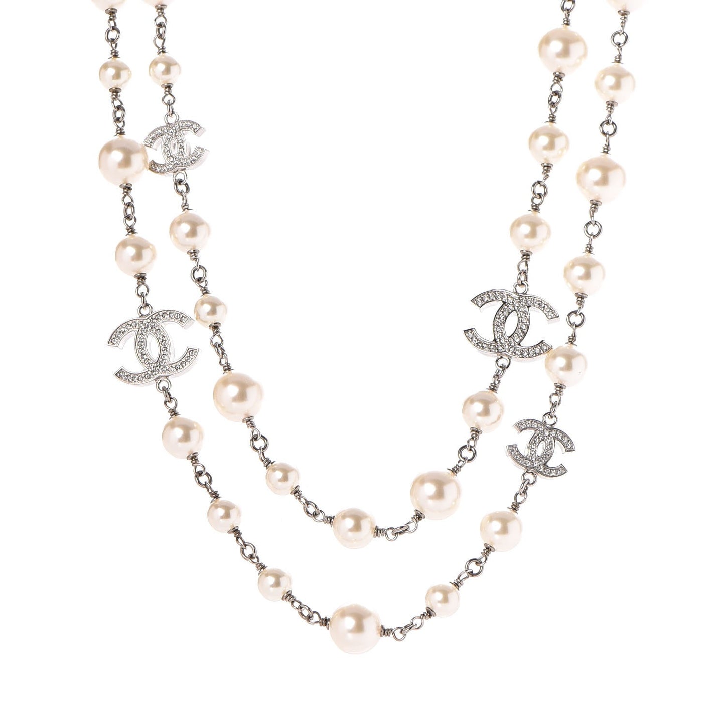 Crystal Pearl CC Long Necklace Silver