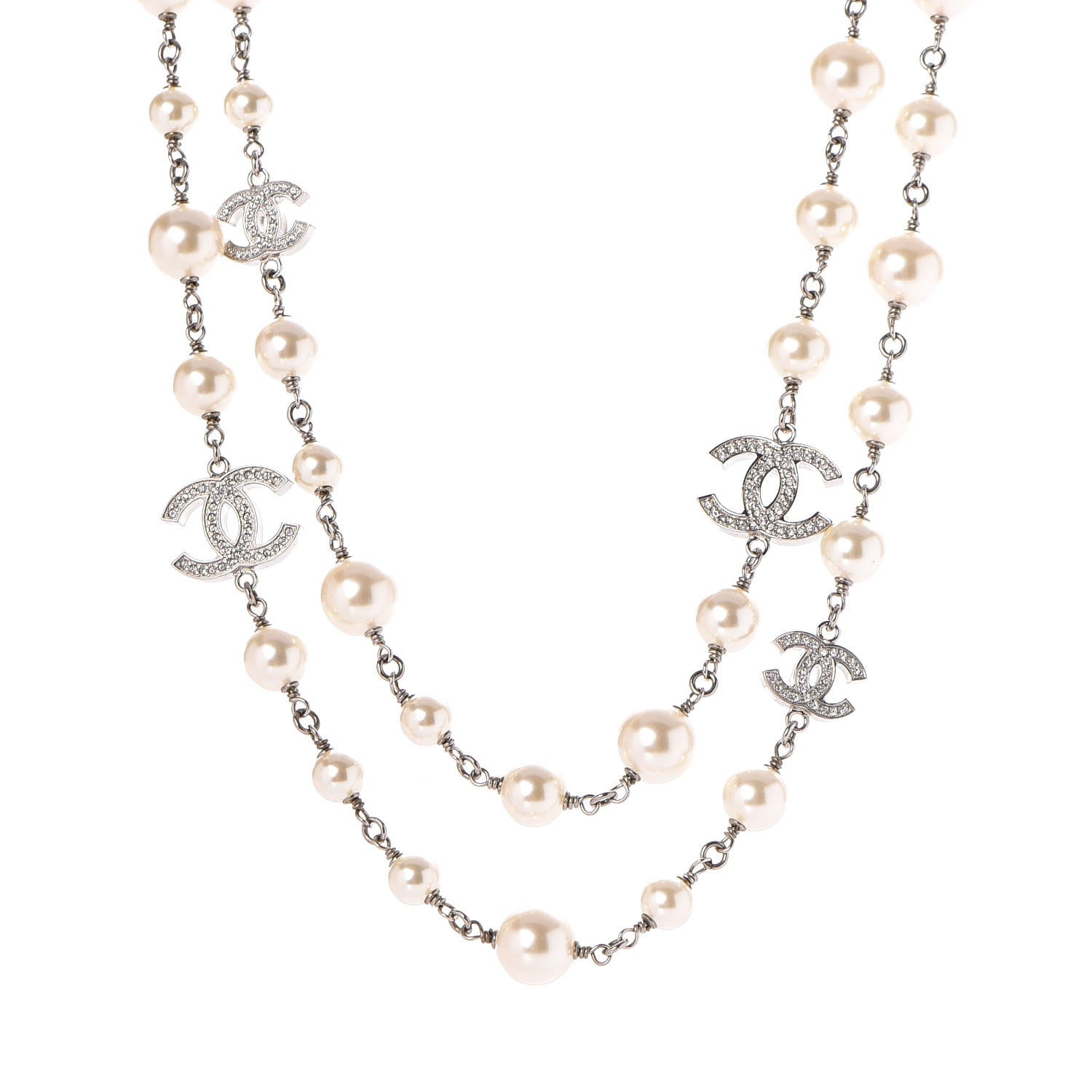 Chanel Crystal Pearl CC Long Necklace Silver 1 of 6