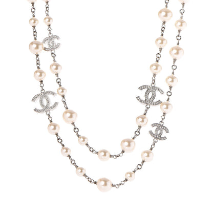 Chanel Crystal Pearl CC Long Necklace Silver 1 of 6