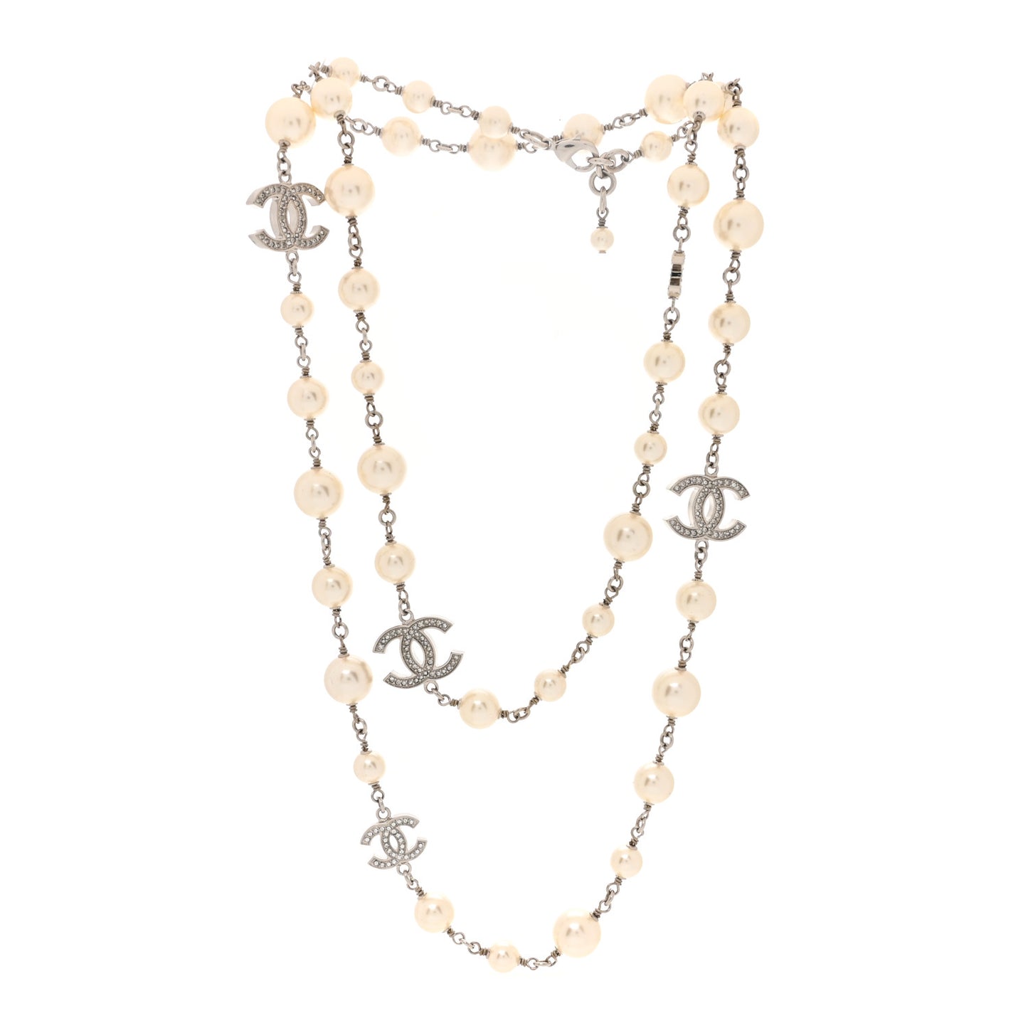 Graduated Pearl Crystal CC Long Necklace Silver