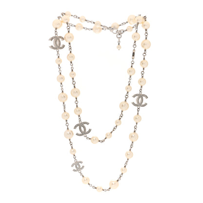 Chanel Graduated Pearl Crystal CC Long Necklace Silver 3 of 5