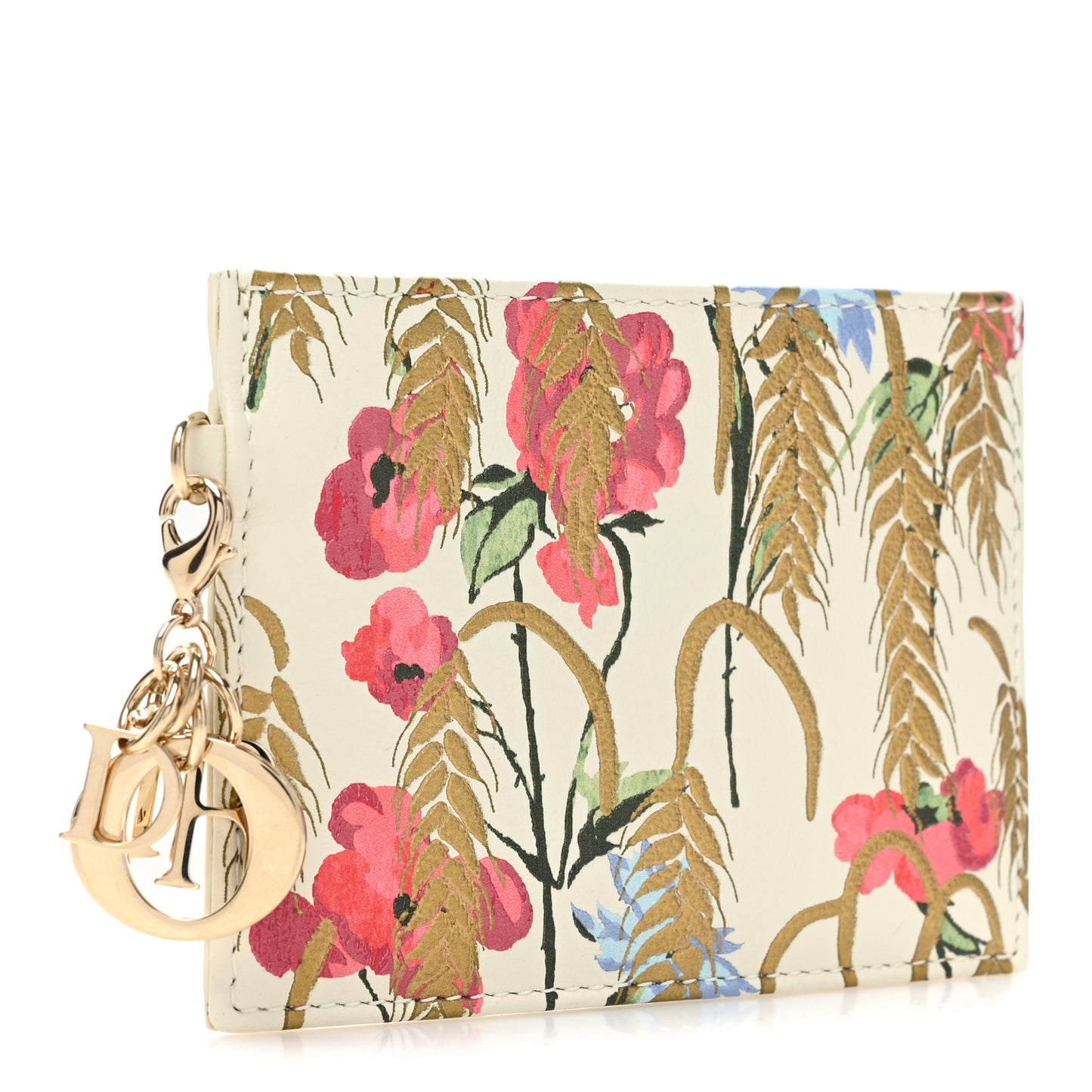 Calfskin Hibiscus Printed Card Holder Beige Multicolor