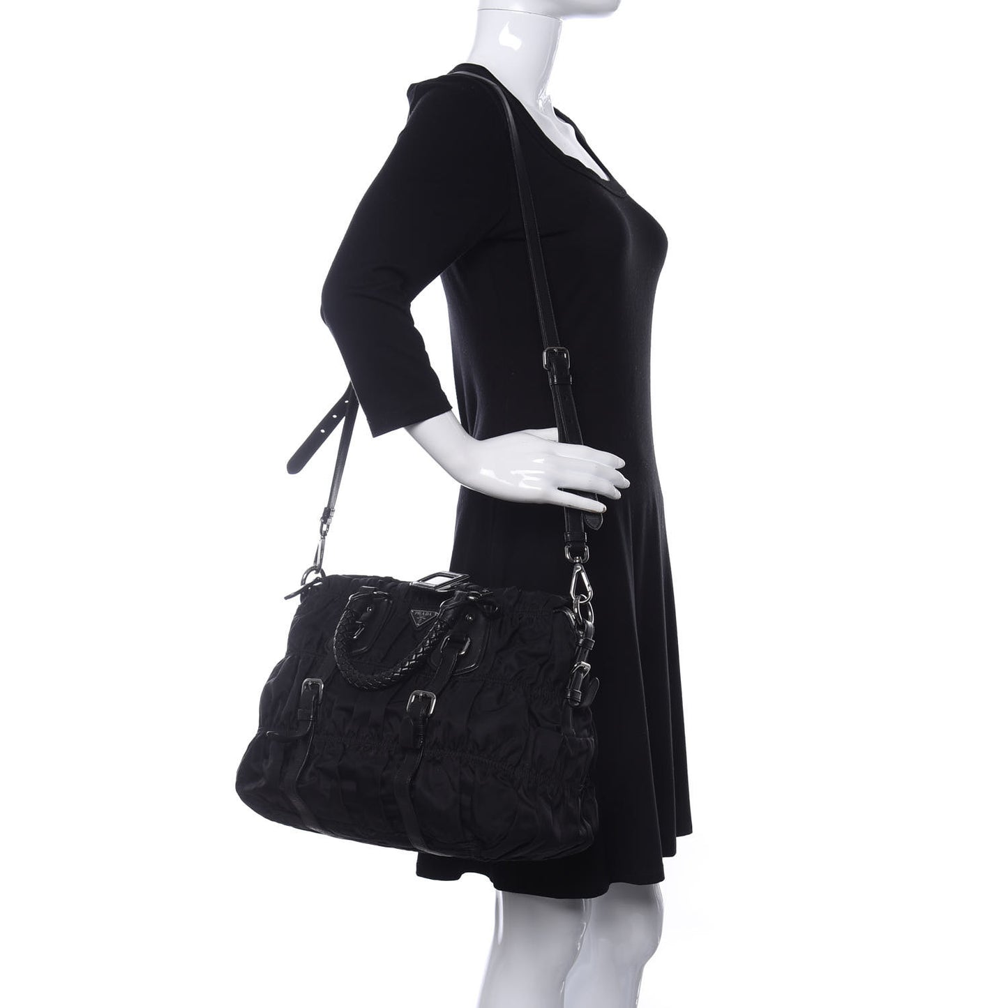 Tessuto Nylon Nappa Braided Gaufre Shopping Satchel Black