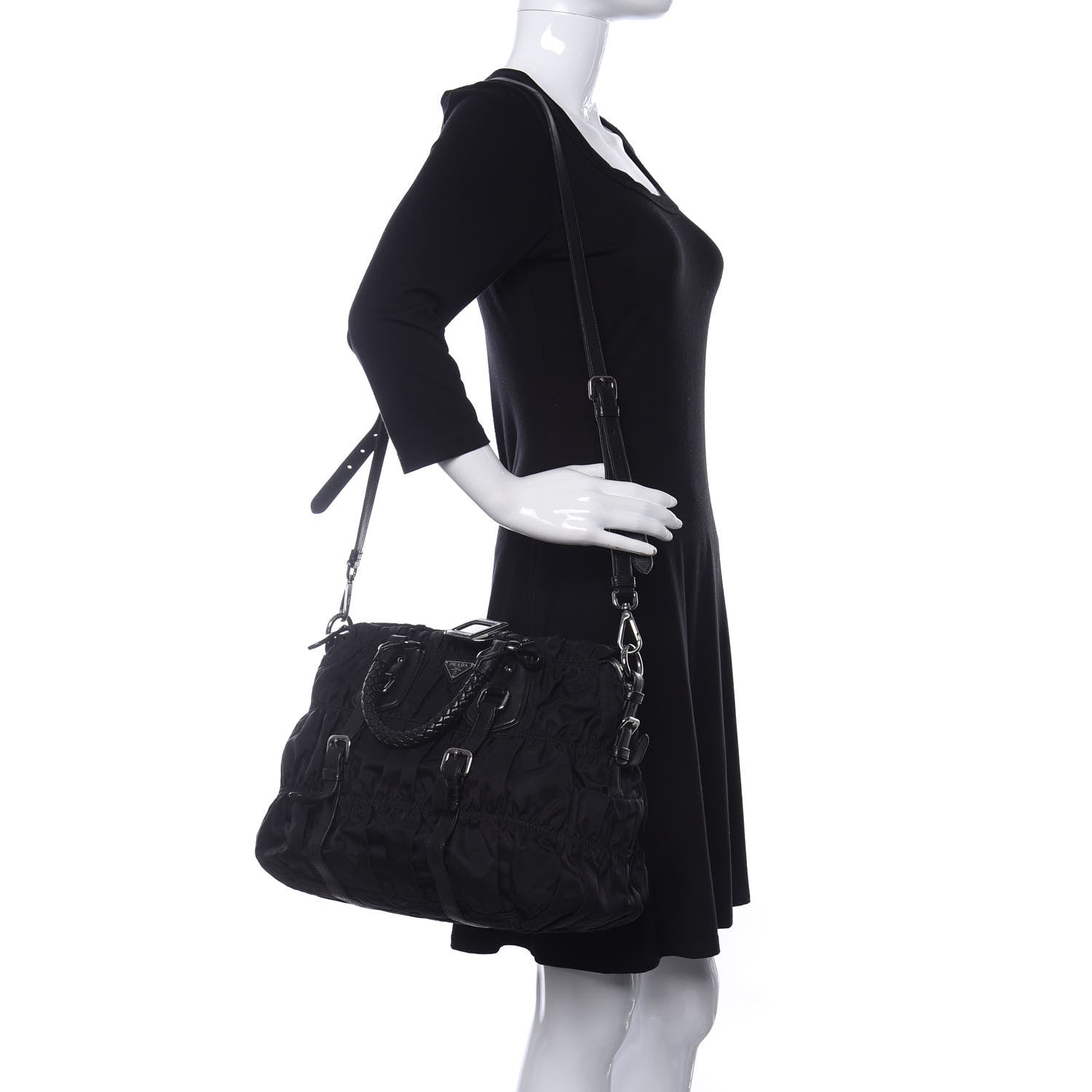 Prada Tessuto Nylon Nappa Braided Gaufre Shopping Satchel Black 2 of 10