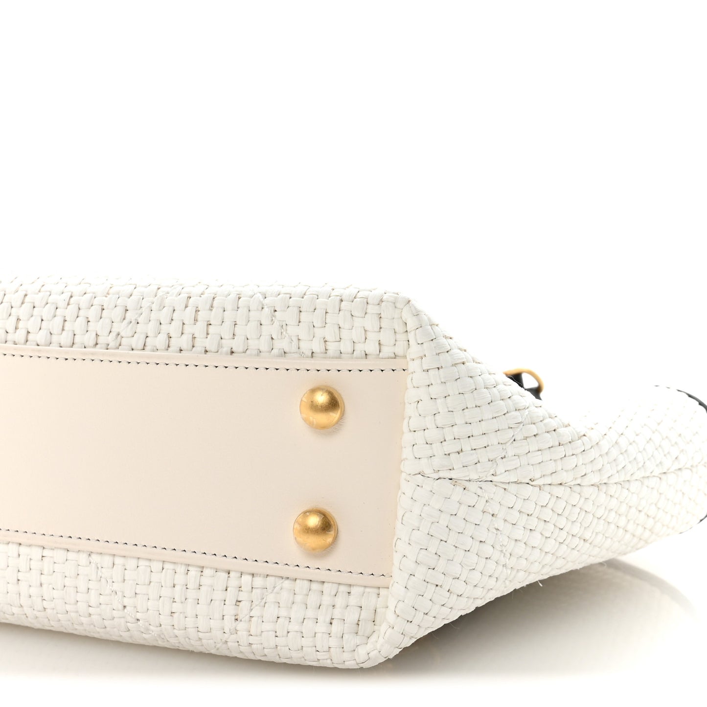Braided Raffia Calfskin Small Shopping Bag White Black