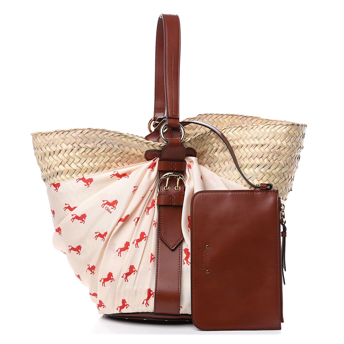 Smooth Calfskin Raffia Little Horses Medium Panier Basket White Red