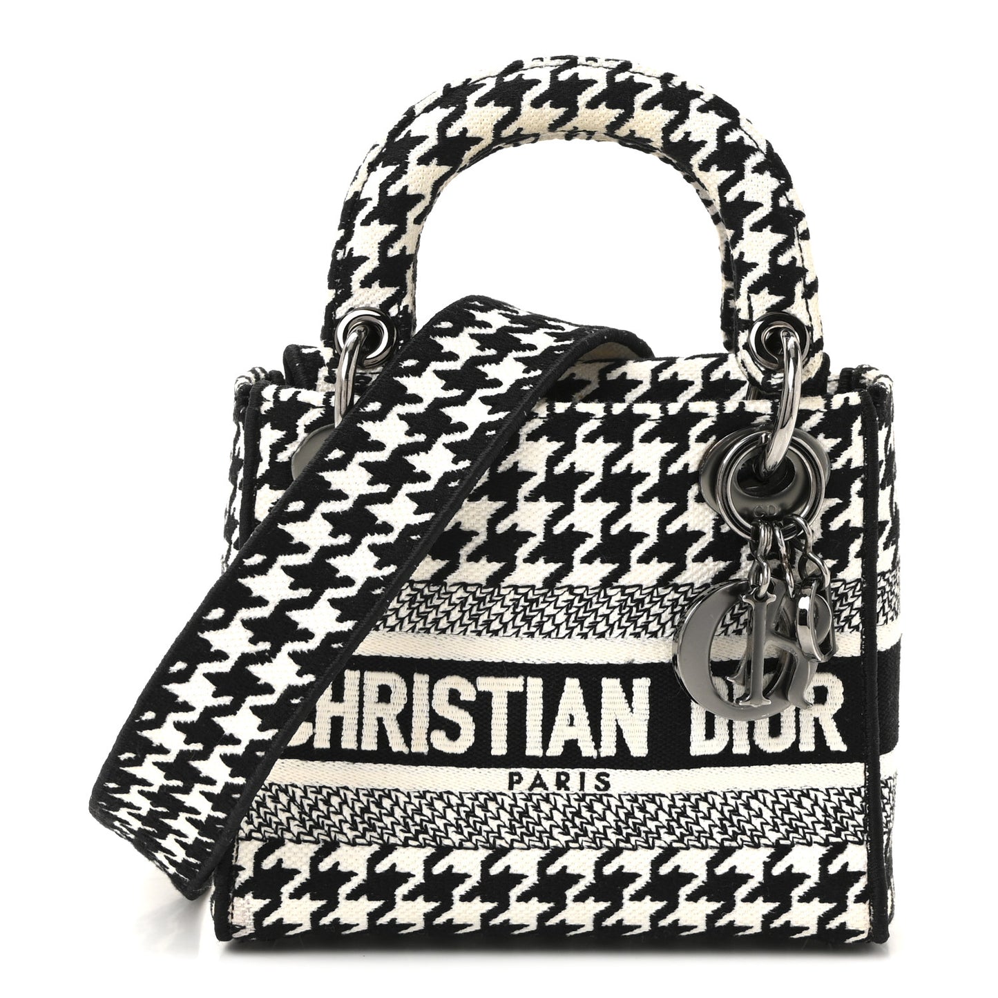 Canvas Houndstooth Embroidered Mini Lady D-Lite Black White