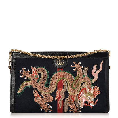 Gucci Suede Patent Web Dragon Embroidered Medium Ophidia Chain Shoulder Bag Blue Multicolor Black 1 of 7