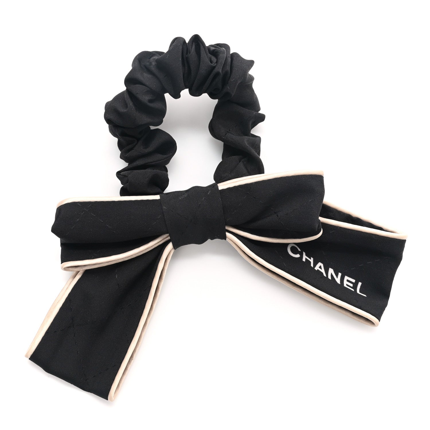Chanel Silk Hair Tie Black Ivory 1 of 5