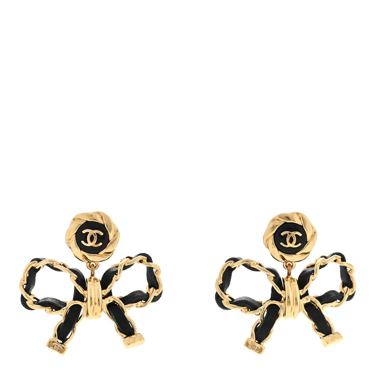 Chanel Lambskin Chain Bow Drop Earrings Black Gold 1 of 4