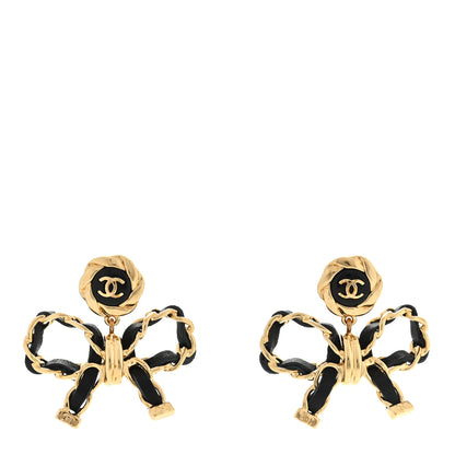 Chanel Lambskin Chain Bow Drop Earrings Black Gold 1 of 4