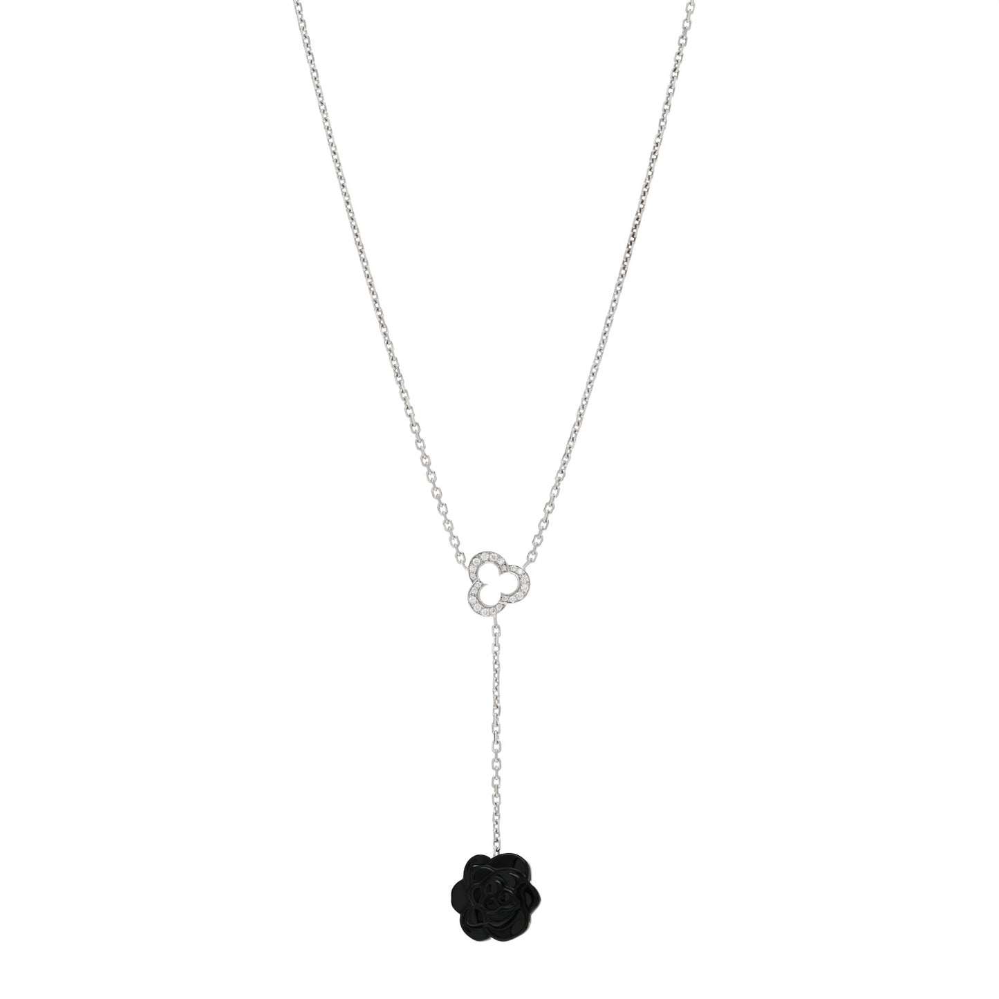 18K White Gold Diamond Black Onyx Camelia Sculpte Drop Pendant Necklace