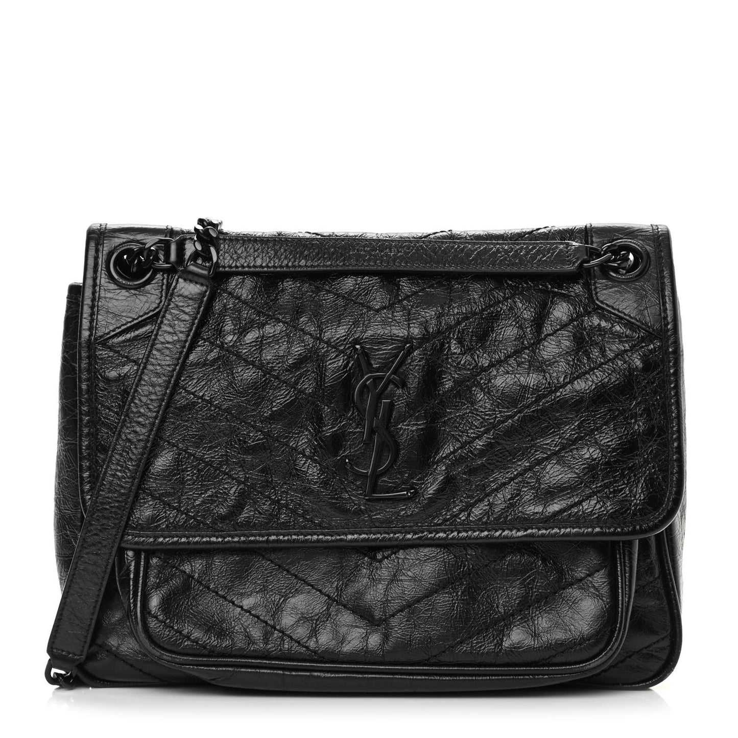 Crinkled Calfskin Matelasse Monogram Medium Niki Chain Satchel Black
