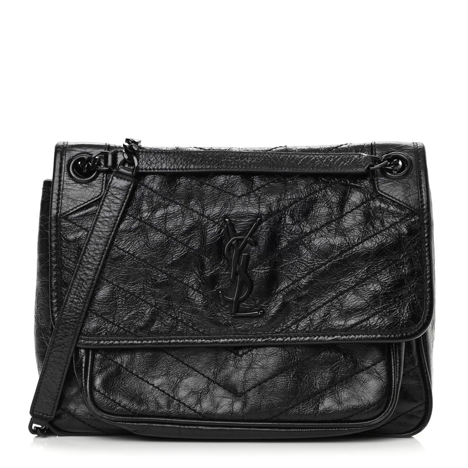 Saint Laurent Crinkled Calfskin Matelasse Monogram Medium Niki Chain Satchel Black 1 of 13