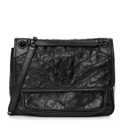 Saint Laurent Crinkled Calfskin Matelasse Monogram Medium Niki Chain Satchel Black 1 of 13