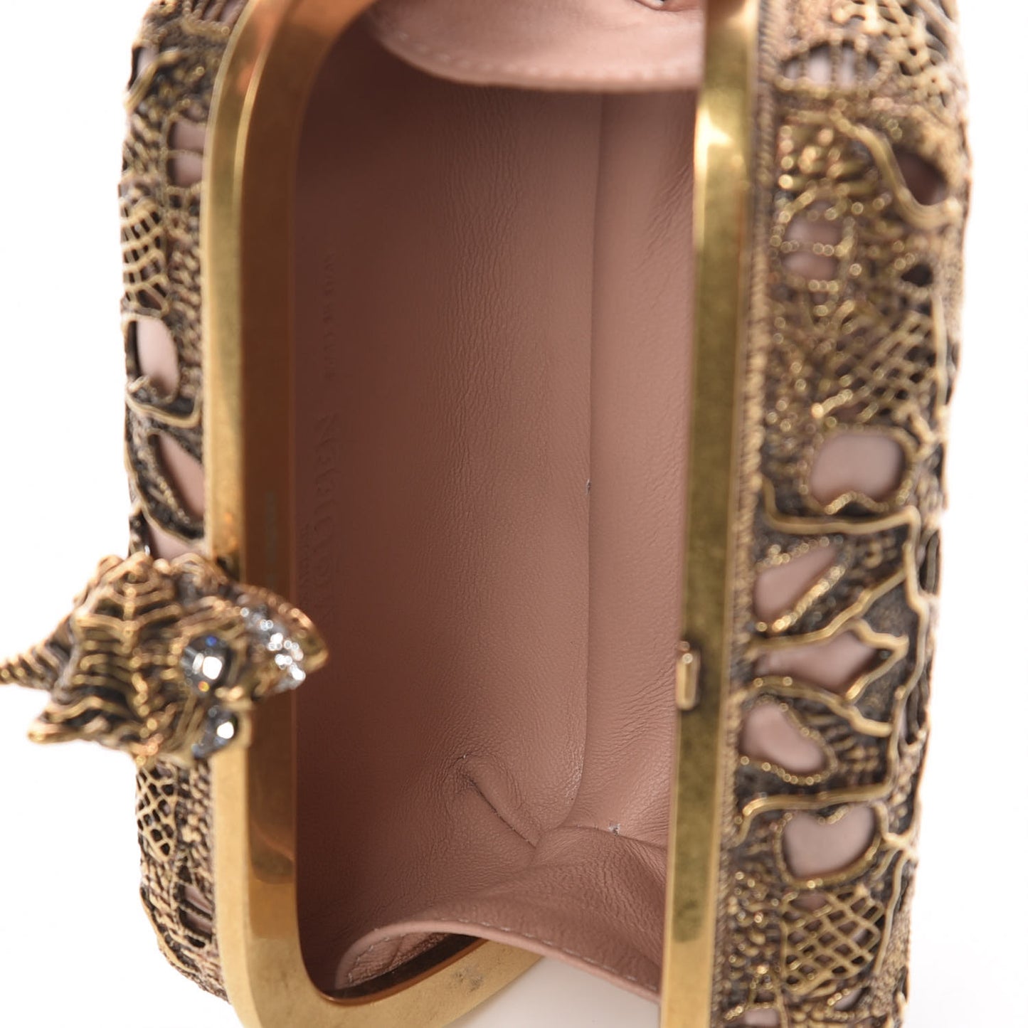 Metal Filigree Crystal Embellished Duchesse Skull Box Clutch Gold