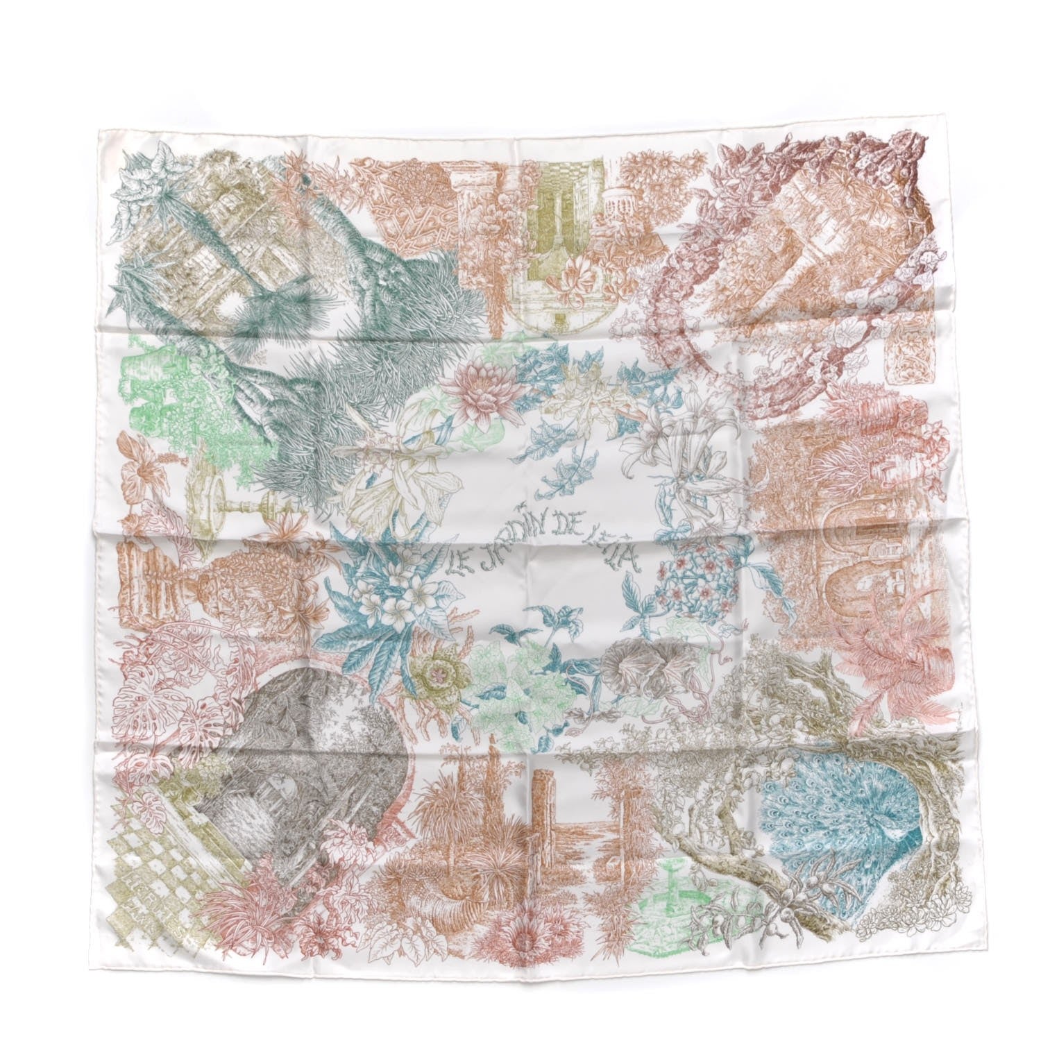 Hermes Silk Le Jardin de Leila Scarf 90 Blanc Vert Brun 1 of 6
