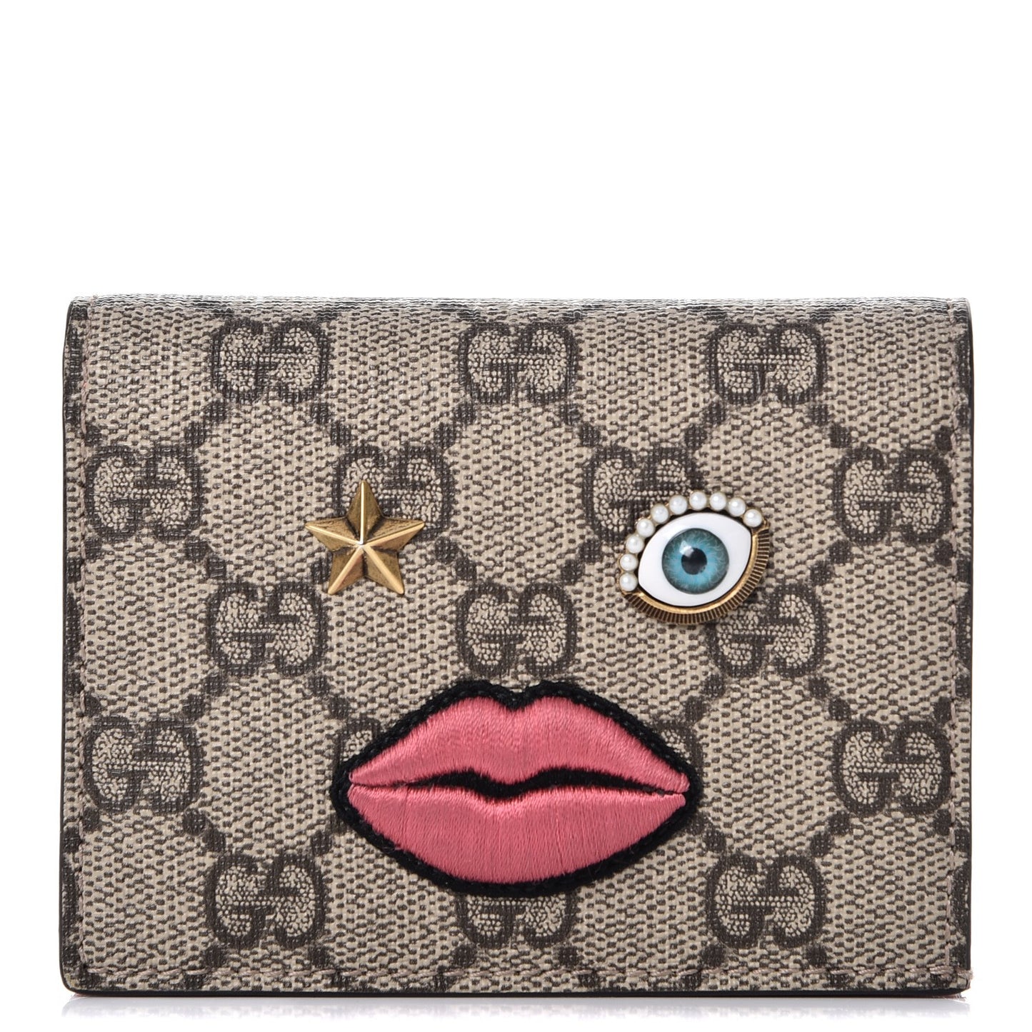 GG Supreme Monogram Face Embroidered Card Case Wallet Pink