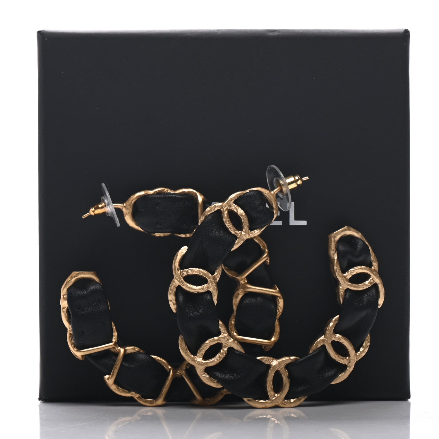 Chanel Lambskin CC Chain Hoop Earrings Gold Black 5 of 5
