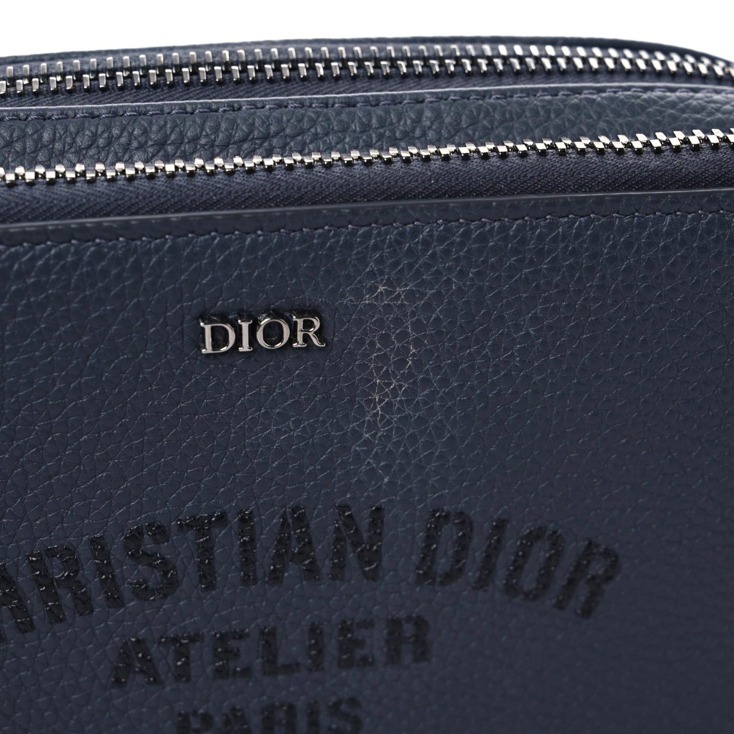 Grained Calfskin Double Zip Crossbody Pouch Blue