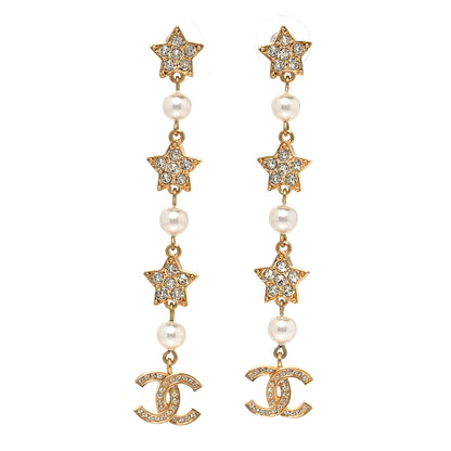 Chanel Crystal Pearl CC Star Drop Earrings Gold 1 of 5