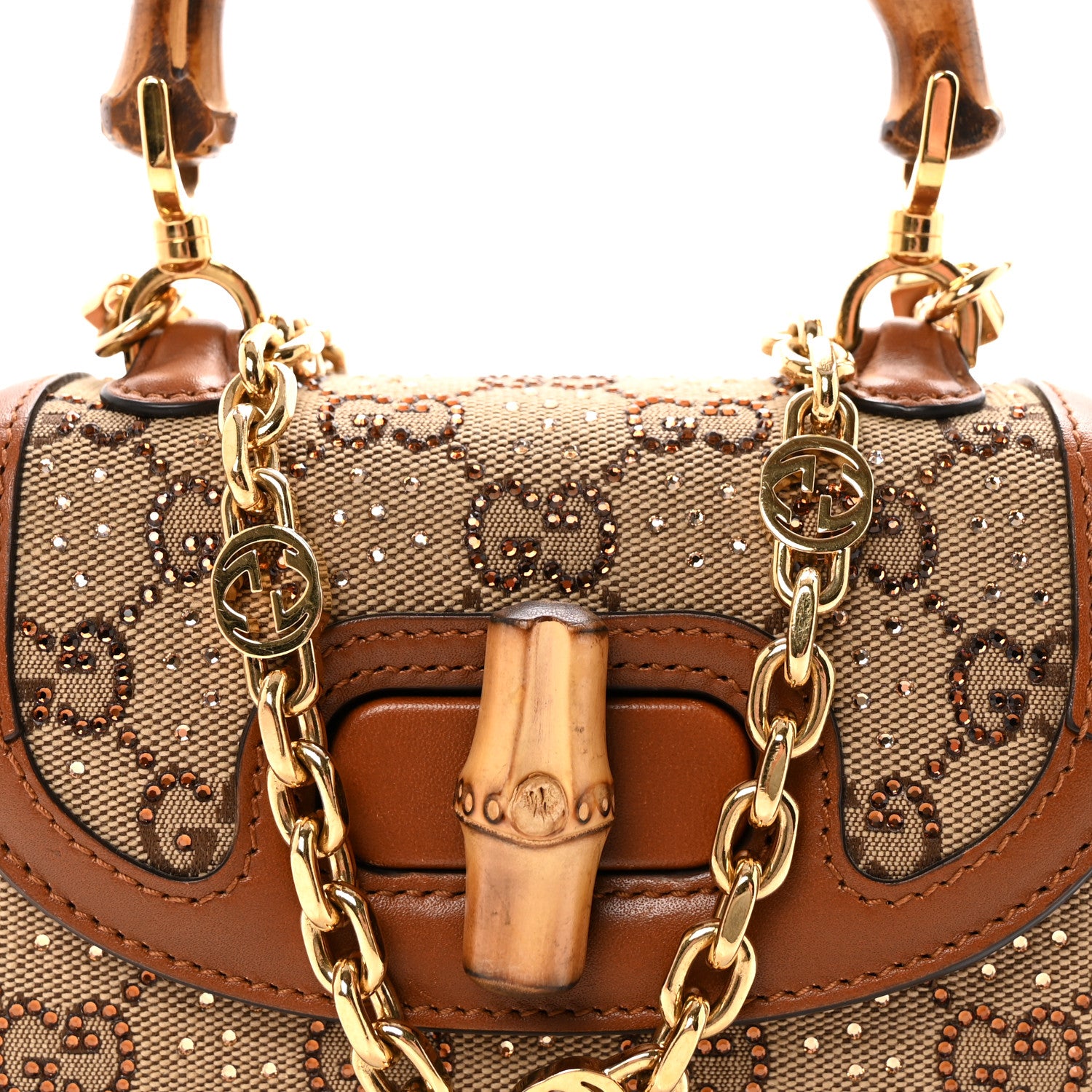 Gucci New Canvas Charisma Calfskin Crystal GG Monogram Small Bamboo 1947 Top Handle Bag Camel Ebony 7 of 9