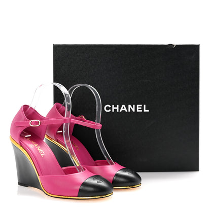 Chanel Lambskin Cap Toe Open Wedge 39 Fuchsia Black 10 of 10