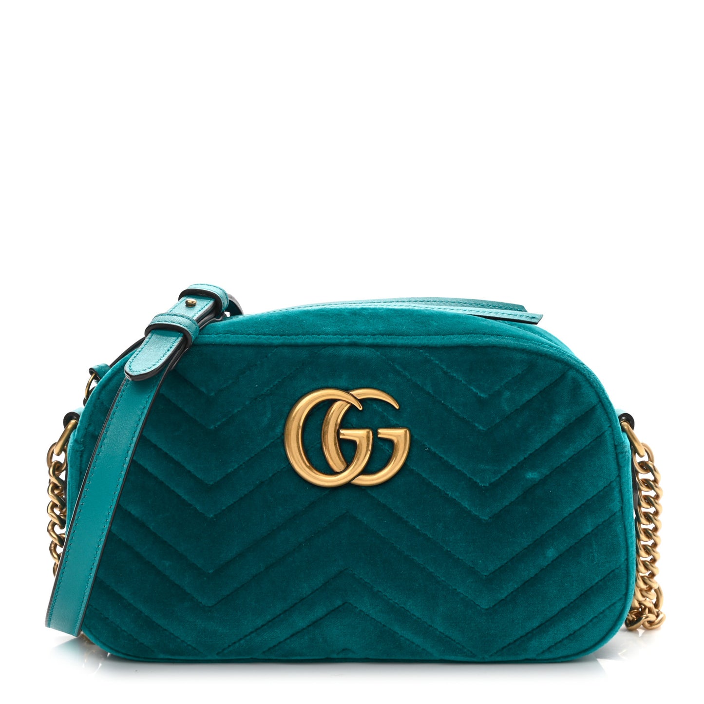 Velvet Matelasse Small GG Marmont Chain Shoulder Bag Pavone Cyan