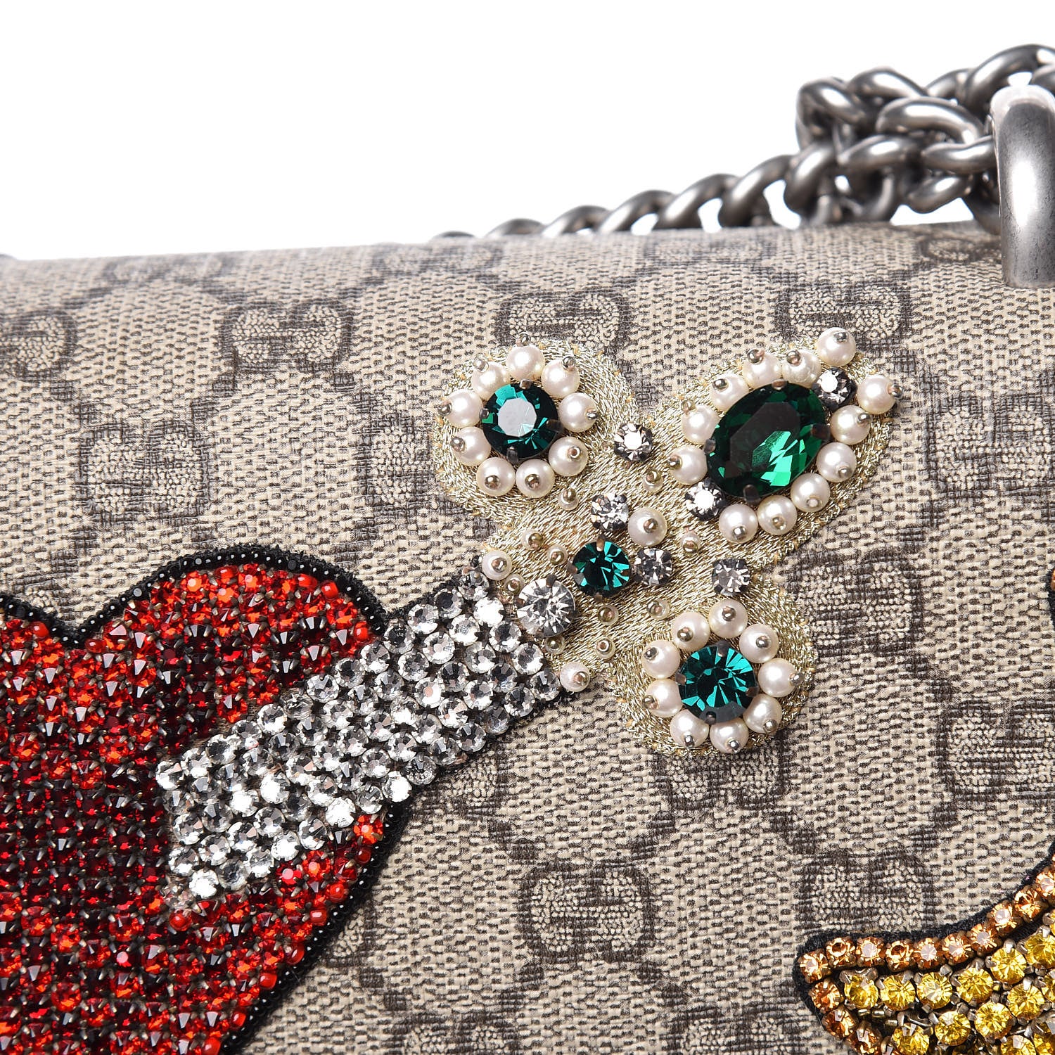 Gucci GG Supreme Monogram Suede Pierced Heart Embroidered Medium Dionysus Shoulder Bag Beige Ebony Pink Tropical Flower 15 of 19