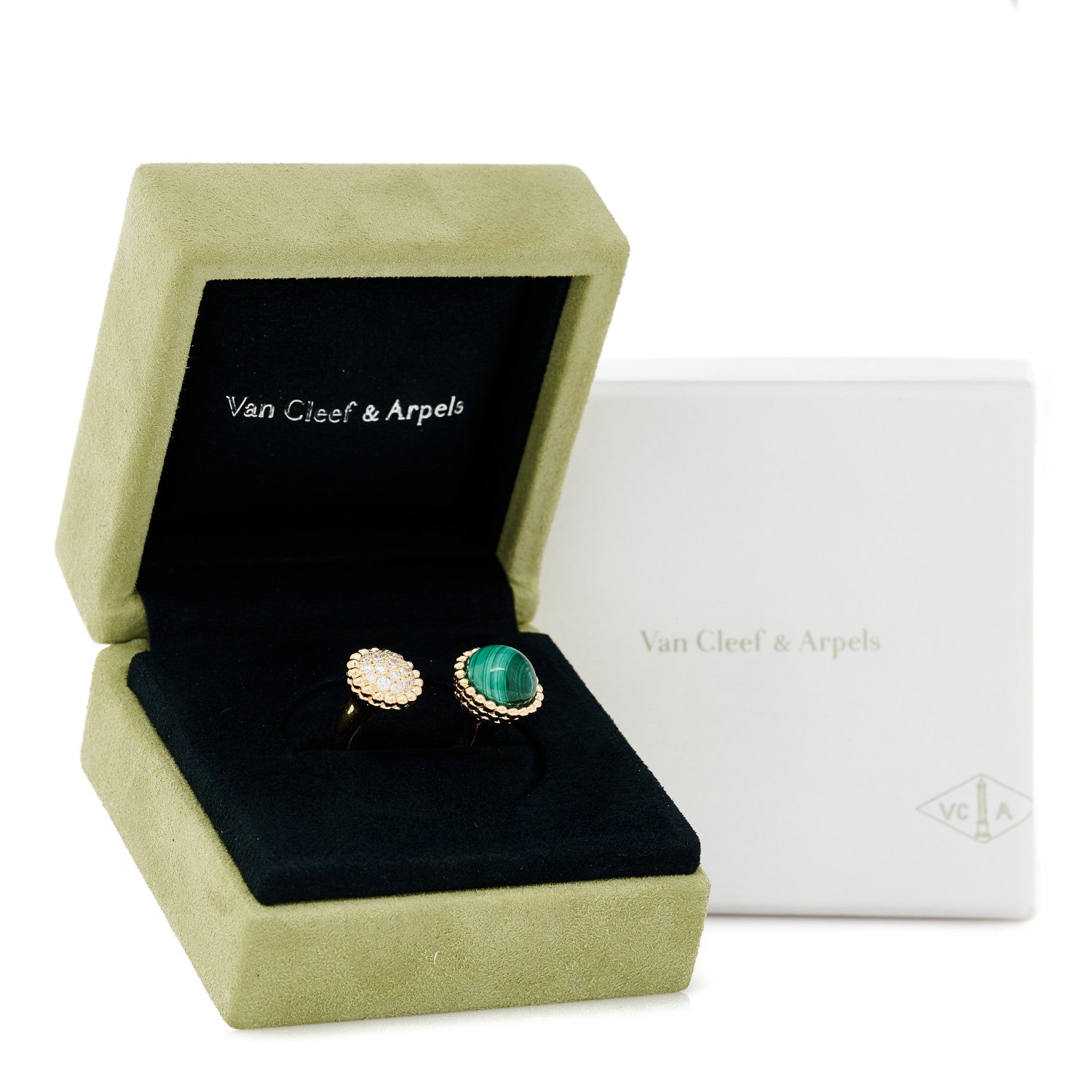 Van Cleef & Arpels 18K Yellow Gold Diamond Malachite Perlee Couleurs Between The Finger Ring 53 6.5 9 of 10