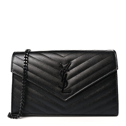 Saint Laurent Grain De Poudre Matelasse Chevron Monogram Monochrome Chain Wallet Black 1 of 8