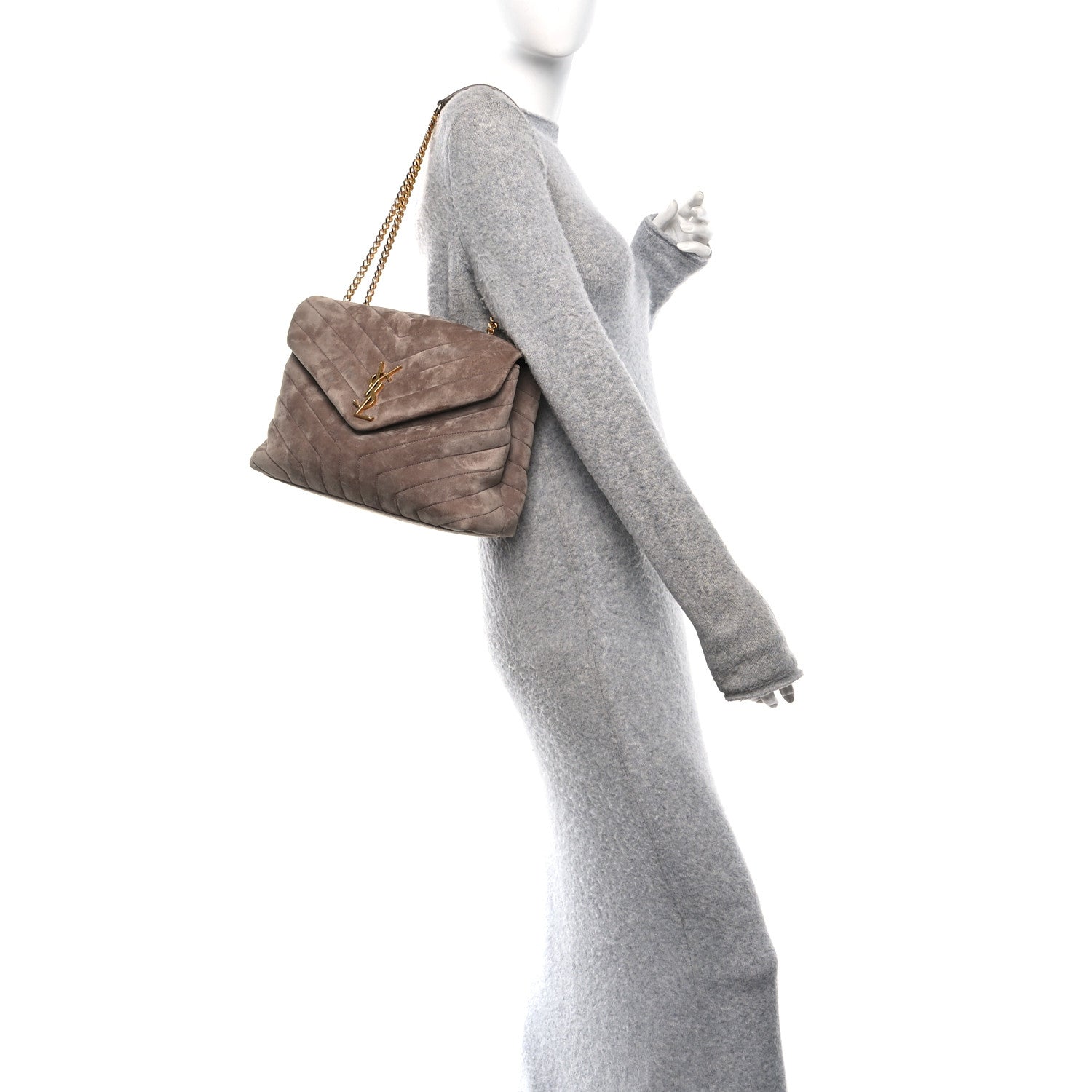 Saint Laurent Suede Y Quilted Monogram Medium Loulou Chain Satchel Taupe 2 of 11