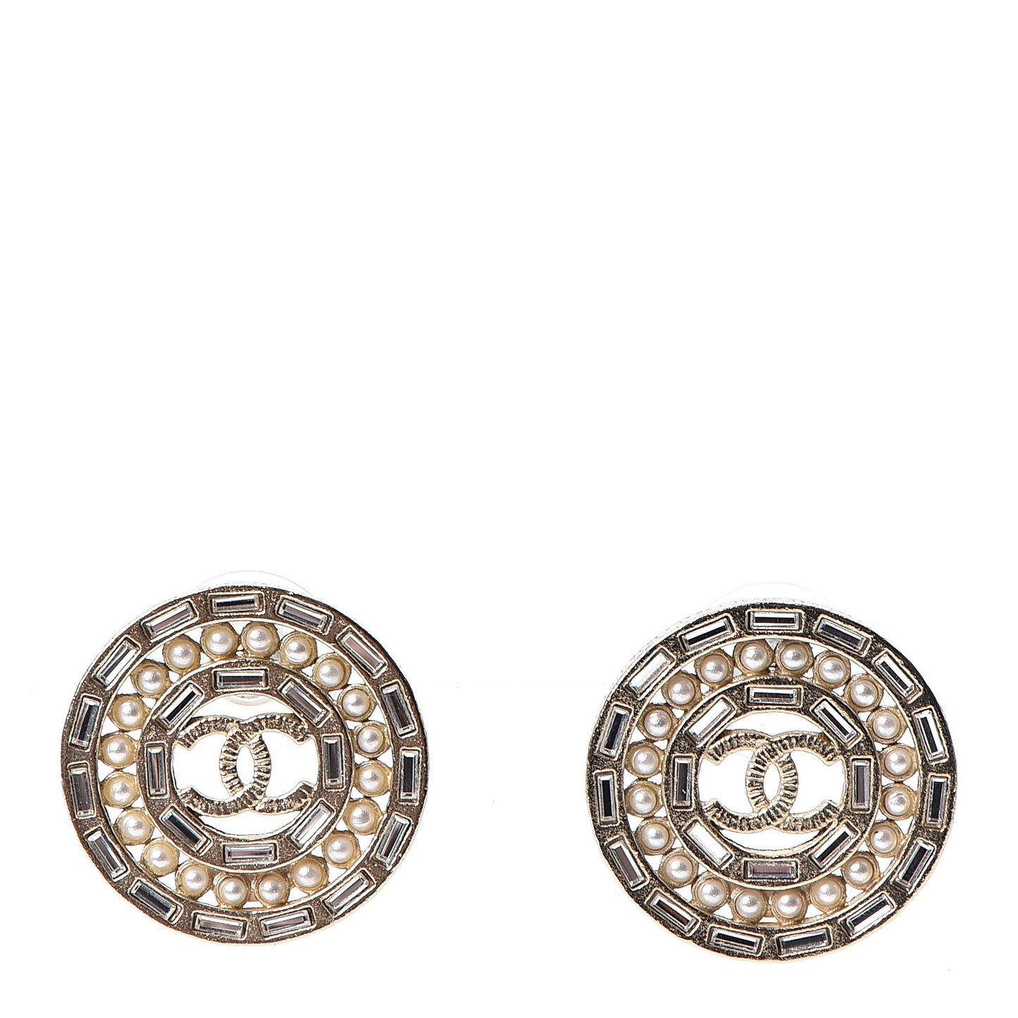 Pearl Crystal CC Round Earrings Gold