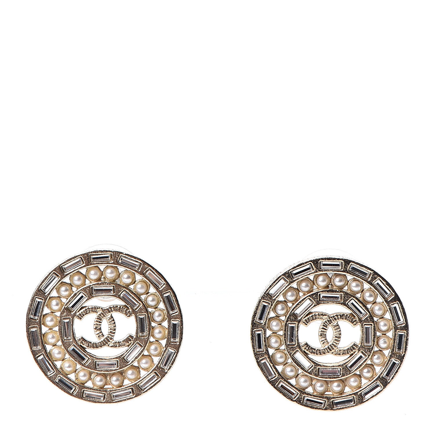 Chanel Pearl Crystal CC Round Earrings Gold 1 of 5