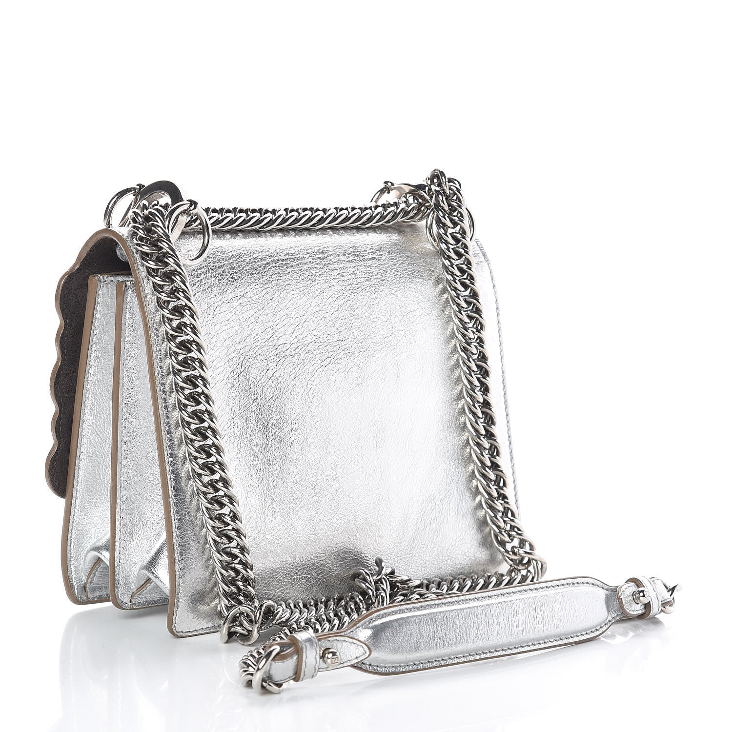 Fendi Vitello Catalan Mirror Scalloped Multi Studded Small Kan I Shoulder Bag Argento 3 of 10