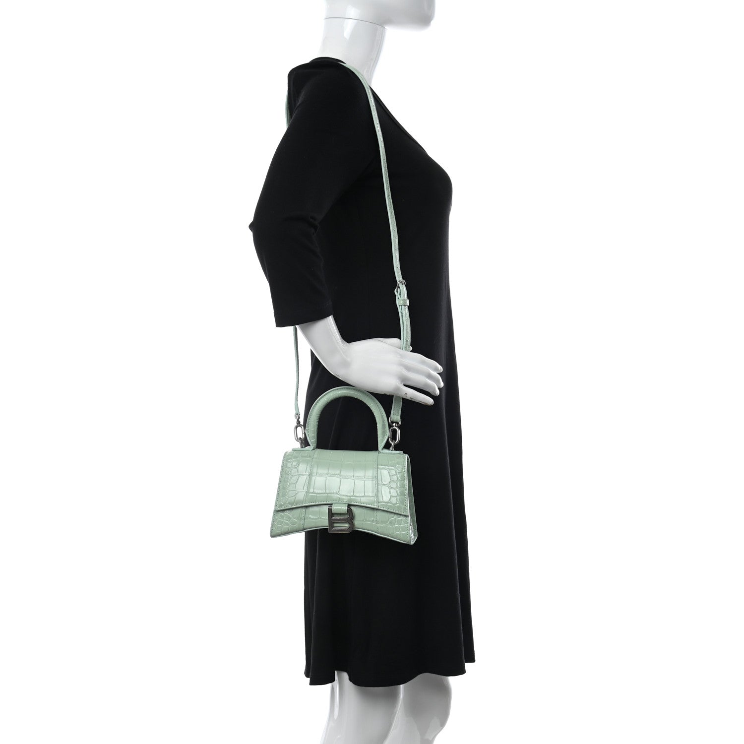 Balenciaga Shiny Calfskin Crocodile Embossed Hourglass Top Handle Bag XS Light Green 2 of 11