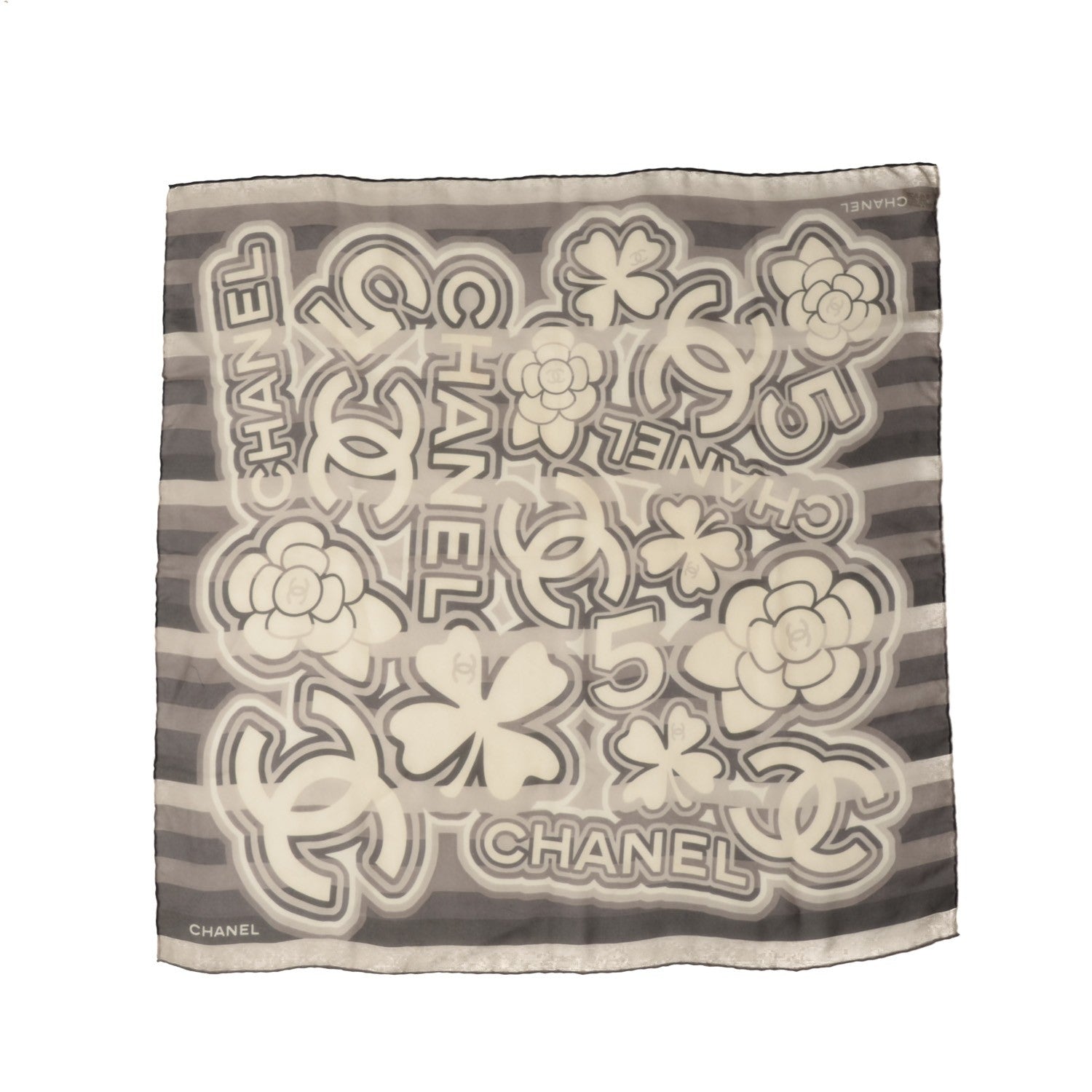 Chanel Silk CC Camellia Clover Square Scarf Black White 2 of 5