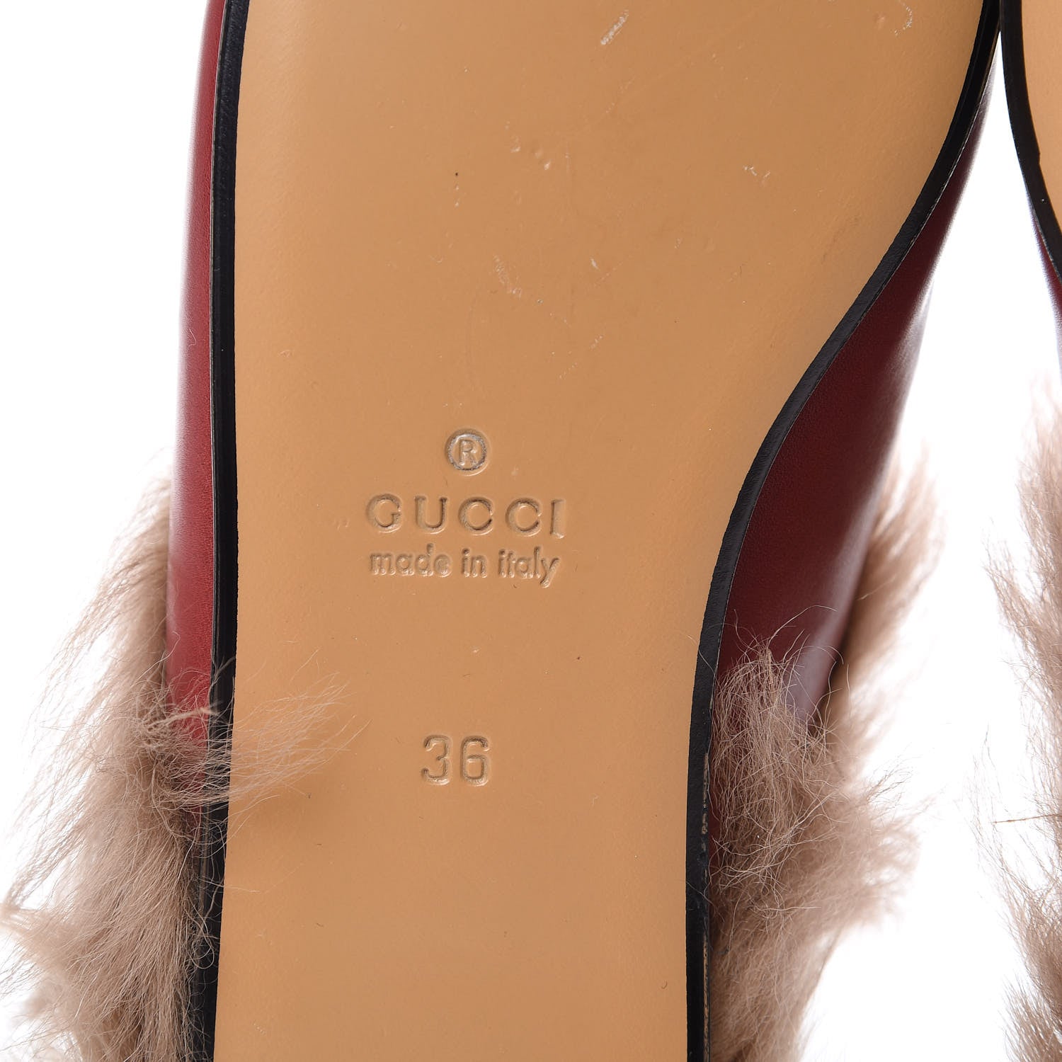 Gucci Betis Glamour Calfskin Fur Womens Princetown Slippers 36 Hibiscus Red Naturale 6 of 13