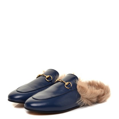 Gucci Malaga Kid Fur Womens Princetown Slippers 39 Blue Agata 3 of 7