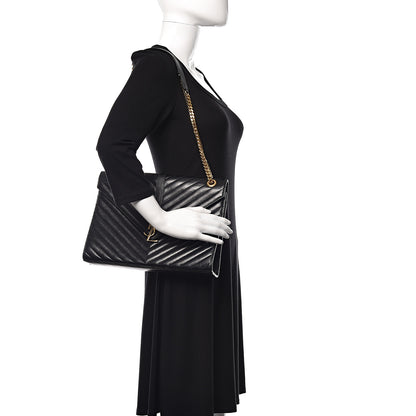 Saint Laurent Smooth Calfskin Matelasse Chevron Large Monogram Satchel Black 2 of 19