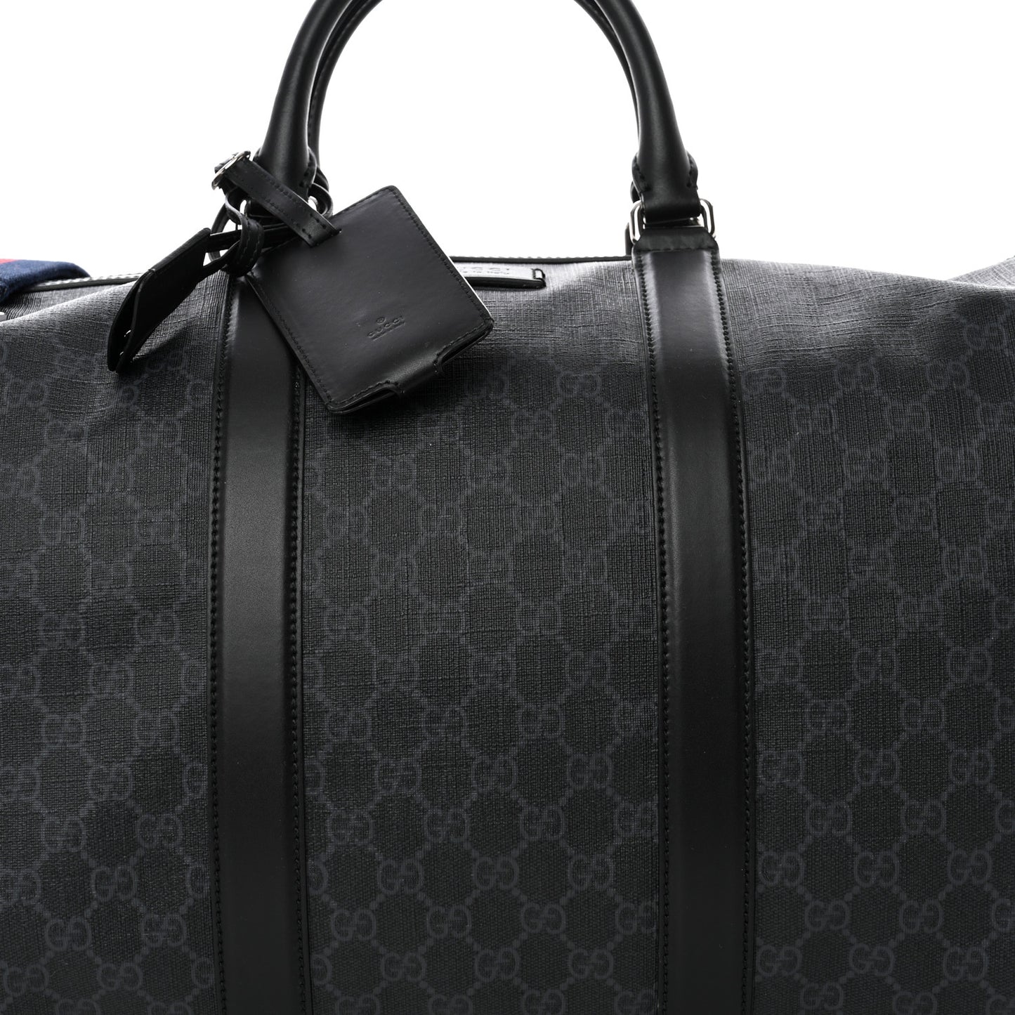 Soft GG Supreme Monogram Appia Calfskin Web Large Carry On Duffle Bag Black Grey
