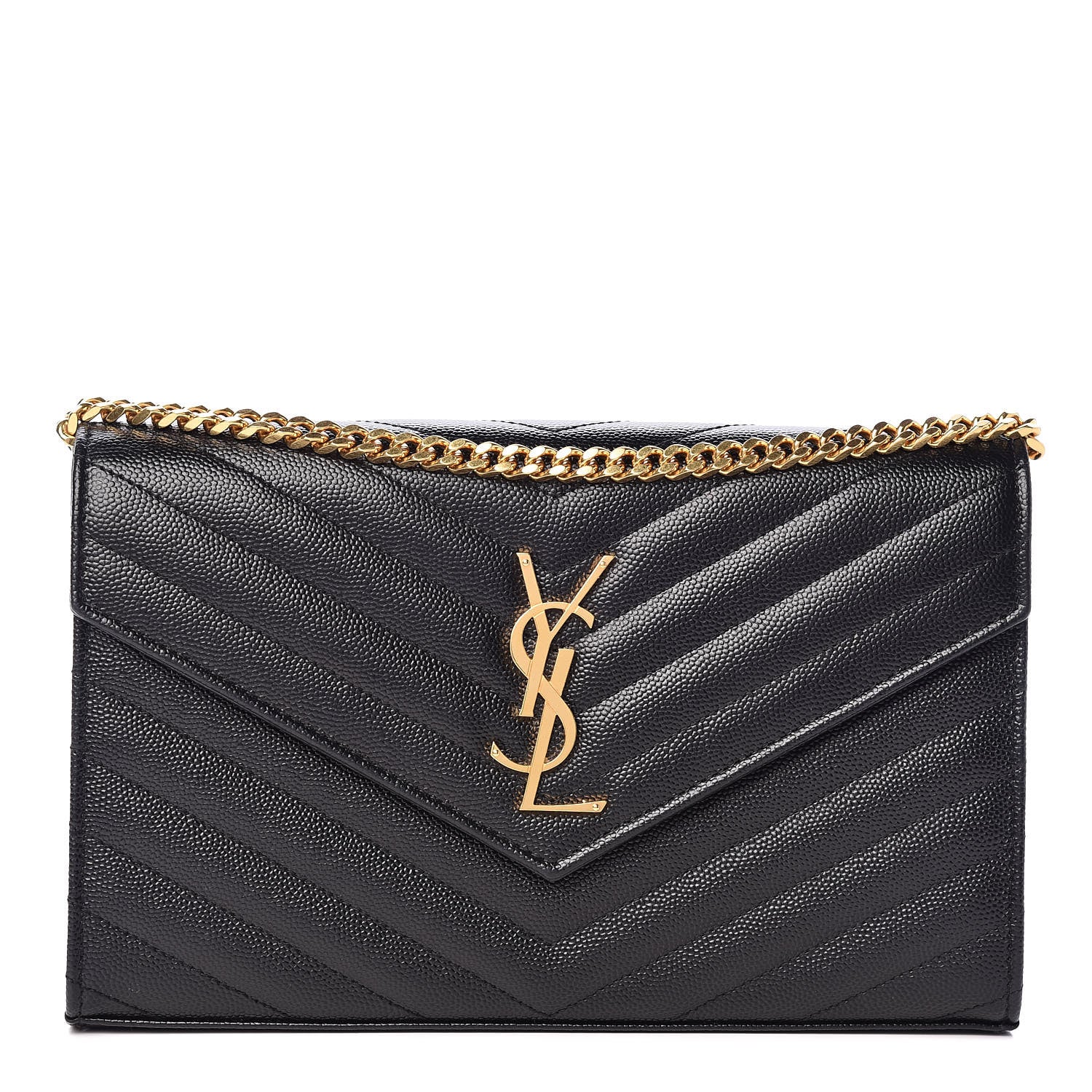 Saint Laurent Grain De Poudre Matelasse Chevron Monogram Chain Wallet Black 1 of 9