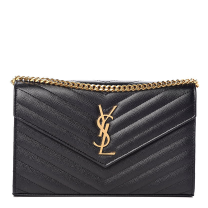 Saint Laurent Grain De Poudre Matelasse Chevron Monogram Chain Wallet Black 1 of 9